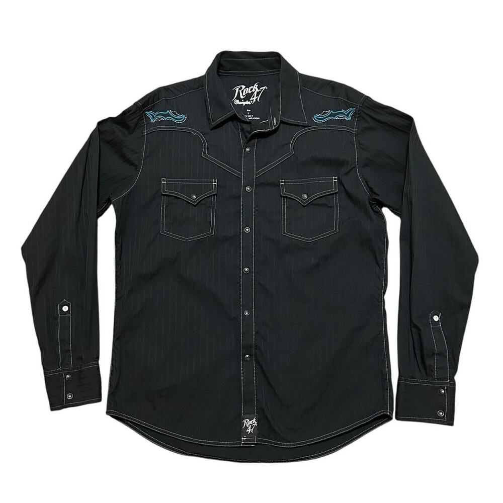 Rock 47 Wrangler Western Snap Button Shirt Men's Large Black Blue Cotton